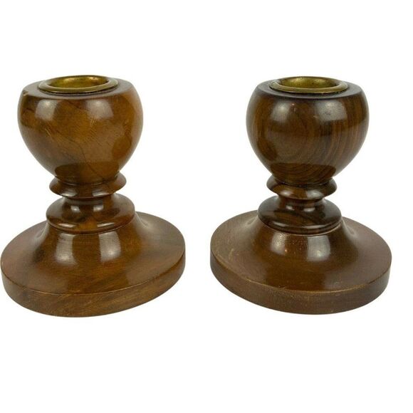 Myrtlewood Candle Holders Pair Grants Pass Oregon Hand-Turned Brass Inserts Vtg - Picture 6 of 6